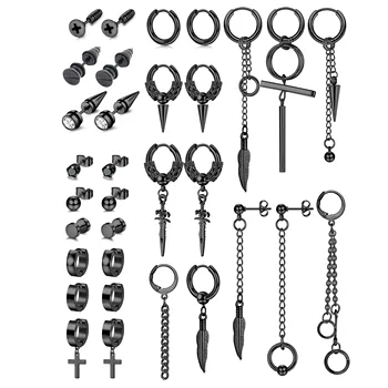 2-32шт Мужские Черные серьги-гвоздики из нержавеющей стали, висячие серьги-кольца для мужчин и женщин, набор сережек-колец для пирсинга на длинной цепочке