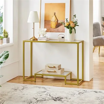 2-Слойный консольный стол SmileMart из современного закаленного стекла с прочной металлической рамой для прихожей в гостиной, золотой консольный стол