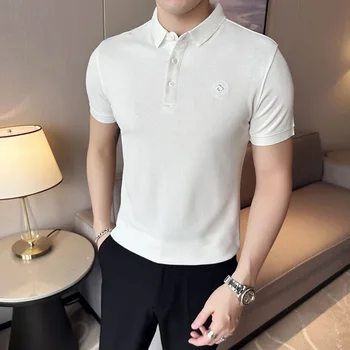 2023 Однотонная мужская рубашка поло для мужчин, Весенняя Простая мужская рубашка поло с коротким рукавом, Тонкая Повседневная деловая официальная одежда Polo Homme
