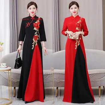 2024 китайское винтажное платье ципао с воротником-стойкой и улучшенной цветочной вышивкой чонсам вечернее банкетное народное платье ципао qipao