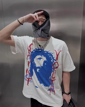 23SS High Street
 Винтажная футболка Святого Михаила Для мужчин и женщин, футболка оверсайз в стиле хип-хоп с принтом головы Иисуса, футболки Haikyuu