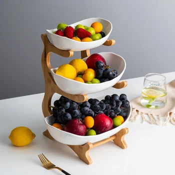 3-х Ярусный набор керамических корзин для фруктов с деревянной подставкой, блюдо для конфет, кухонный держатель для фруктовых мисок, Деревянный стеллаж для хранения
