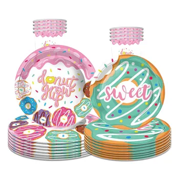 8 Гостей Сладкие Пончики Одноразовая Посуда Grow Up Donuts Party DIY Pink One 1st Donut Birthday Party Decor Kids Girl Babyshower