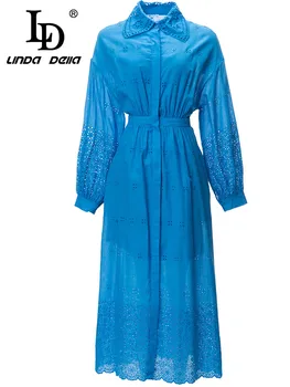 LD LINDA DELLA Осеннее модное дизайнерское дорожное платье, женское тисненое, однобортное, с высокой талией, кружевное синее платье