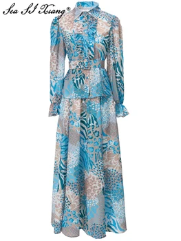 Seasixiang, Модный дизайнерский осенний костюм, Женская рубашка с рюшами и расклешенными рукавами + Длинная юбка с эластичным поясом, Винтажный принт, комплект из 2 предметов