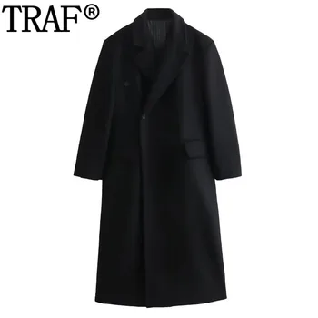 TRAF 2024, Черные длинные пальто для женщин, осенне-зимнее пальто Оверсайз, женское модное пальто с длинным рукавом, Новинка в куртках, теплое женское пальто