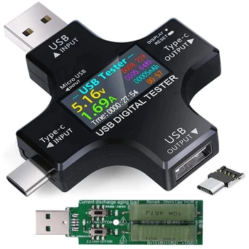 Usb-тестер тока 2 В 1 Type C USB-тестер Цветной экран IPS Цифровой вольтметр, напряжение, ток, мощность, температура с нагрузкой