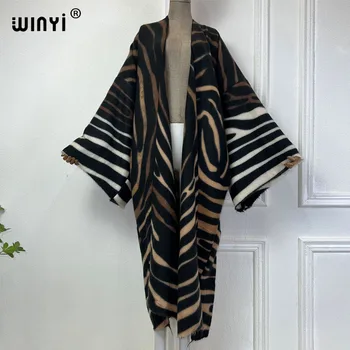WINYI 2024 зимний кардиган Африканский женский жакет макси с геометрическим принтом, теплое кимоно, длинное пуховое пальто, мода Ближнего Востока, абая
