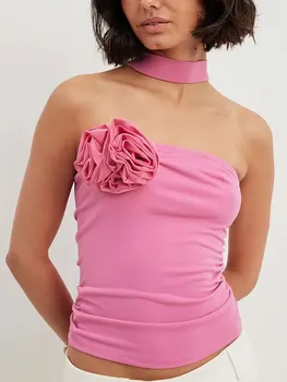 Y2k 3D Цветочный топ на бретелях с открытой спиной для женщин, сексуальные Модные лоскутные однотонные топы без бретелек, Женский Жилет 2023, женская уличная одежда