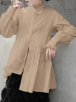 ZANZEA Винтажная женская рубашка, Модная Весенняя асимметричная блузка, Элегантные однотонные топы для рабочих вечеринок, повседневные блузы с длинными рукавами и оборками