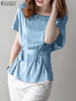 ZANZEA/ Женские модные атласные блузки, повседневные летние блузки с коротким рукавом, элегантные топы с завязками на талии и круглым вырезом, синие рубашки для отдыха