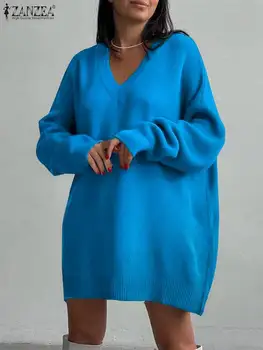 ZANZEA, Модный свитер Оверсайз, женский длинный пуловер с V-образным вырезом, 2023, зимняя толстовка с длинным рукавом, Повседневные свободные однотонные универсальные топы