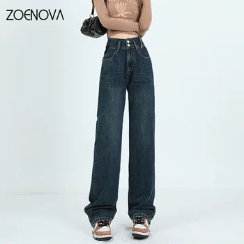 ZOENOVA Новые летние женские ностальгические синие джинсы с широкими штанинами, с высокой талией и двойными пуговицами, повседневные универсальные тонкие прямые брюки с высокой посадкой