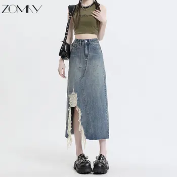 ZOMRY, новая женская джинсовая юбка Y2K, винтажная джинсовая юбка с высокой талией, модная повседневная универсальная джинсовая юбка трапециевидной формы с перфорацией