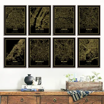 Амстердам Дублин Париж Лондон Индивидуальная печать карты города Черный Золотой Скандинавский плакат Настенное искусство Холст Картина Декор гостиной