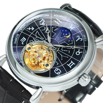 Астрономические автоматические часы WINNER Zodiac Constellations для мужчин на ремне из натуральной кожи, роскошные механические часы-скелетоны от бренда Skeleton