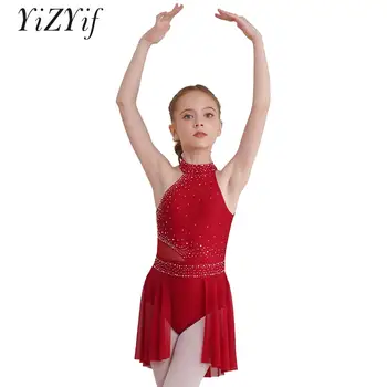 Балетное трико для детей и девочек, блестящие стразы, джазовая танцевальная одежда с неправильным подолом, платье для лирических танцев без рукавов, костюм для выступлений