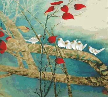 Белые птицы и красные листья набор для вышивки крестом aida 14ct 11ct количество холщовых стежков крестиком рукоделие вышивка DIY ручной работы