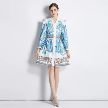 Весеннее платье с принтом в европейском и американском стиле 2023 года, с V-образным вырезом, длинным рукавом, высокой талией, средней юбкой QP6525068