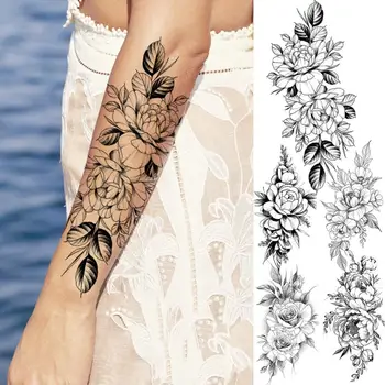 Временные татуировки в виде цветка черного пиона 3D для женщин, взрослых девушек, реалистичная поддельная татуировка в виде розы, водонепроницаемая наклейка для боди-арта