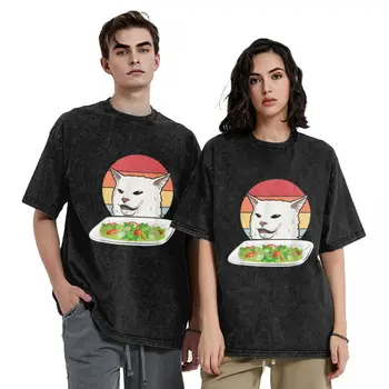 Выстиранная футболка большого размера, Сердитые женщины, орущие на растерянного кота за обеденным столом, повседневные футболки, мужские футболки с принтом, футболки