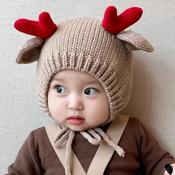 Детская рождественская вязаная шерстяная шапка, осенне-зимняя детская шапка с милыми животными, теплая шапка для защиты ушей, детский пуловер, шапка