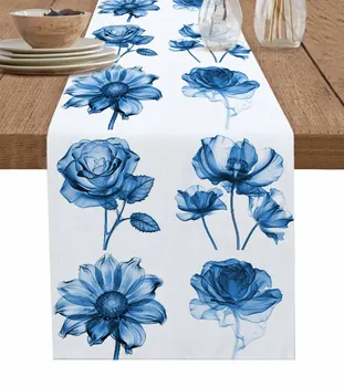Дорожка для стола с цветочным маком синего цвета для вечеринки, Скатерть для обеденного стола, салфетка для столовых приборов, декор для домашней кухни