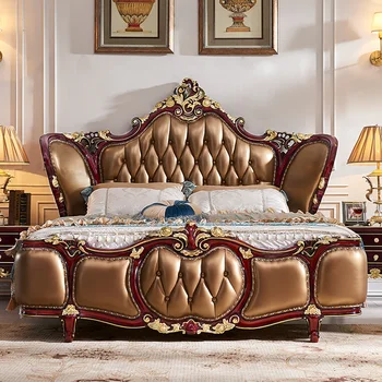 Европейская кровать, двуспальная кровать, главная спальня из массива дерева в американском стиле, роскошная спальня с резьбой по коже, большая кровать