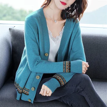 Жаккардовый свитер небольшой свежей вязки, женский кардиган 2023, Новое свободное пальто с длинным рукавом, женские модные брендовые топы
