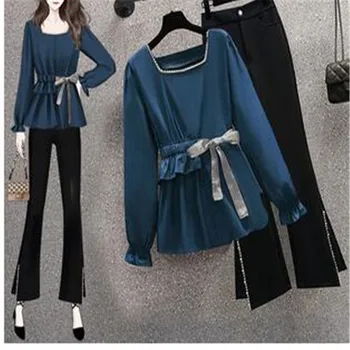 Женская весенне-осенняя модная рубашка с бантом, расклешенные длинные брюки, комплект из 1 или двух предметов, Корейские женские топы с квадратным воротником и брюки