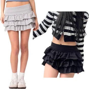 Женская мини-юбка с эластичным поясом, многослойная юбка, Однотонная летняя юбка-трапеция, клубная одежда для уличной вечеринки