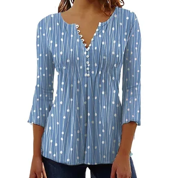Женская осенняя рубашка, пуловер с длинным рукавом и пуговицами с V-образным вырезом, Модные элегантные футболки с принтом в горошек, повседневные офисные топы, футболки