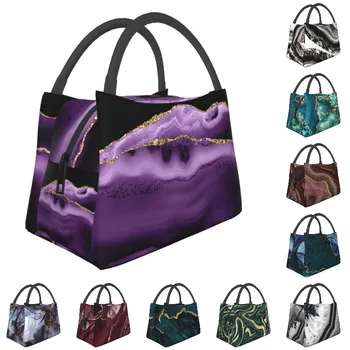 Женские сумки для ланча с текстурой фиолетового и золотого агата, переносной холодильник, термобокс для бенто, больничная офисная сумка через плечо