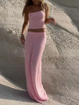 Женский комплект юбок Y2K из 2 предметов, сексуальные топы на бретелях с одним плечом, макси Облегающая юбка, наряды для выхода в свет, уличная одежда