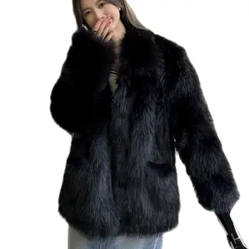 женское пальто из искусственного меха ягненка, женская меховая шуба средней длины с откидным воротником и плюшевым плюшем, шуба средней длины