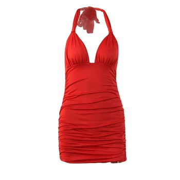 Женское сексуальное облегающее платье 2022 лето Холтер глубокий V шеи красный черный спинки плиссированные платья партии ночной клуб