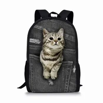 Животные Черные джинсовые карманные рюкзаки для школьных тетрадей с кошачьим котенком, Оксфордские водонепроницаемые дорожные сумки с 3D-принтом для мальчиков и девочек