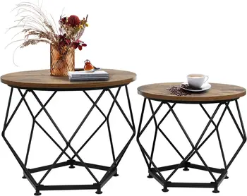 Журнальный столик, Современный журнальный столик из 2 деревянных поверхностей с металлическим каркасом, небольшой приставной столик, Приставной столик для гостиной, спальни