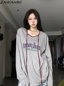 ЗАВАХИКИ Корейская мода Новое Поступление Свободная футболка с длинным рукавом и буквенным принтом Повседневная Американская Уличная одежда Y2K Женская Одежда