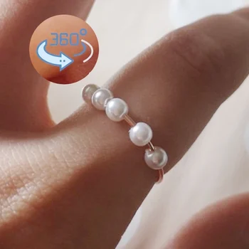 Кольцо с имитацией жемчуга для женщин, Регулируемый вращающийся вращающийся шар, кольцо для снятия стресса, Ювелирные изделия Оптом KBR037