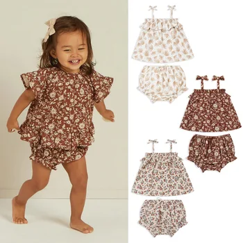 Комплект детской летней одежды из 2 предметов для маленьких девочек, хлопковая футболка без рукавов с милыми цветами в корейском стиле + шорты, Одежда для новорожденных BC2373