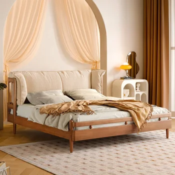 Кровать из массива дерева, мебель в кремовом стиле, небольшая спальня в стиле ретро из самшита, мягкая двуспальная кровать 1,8 м