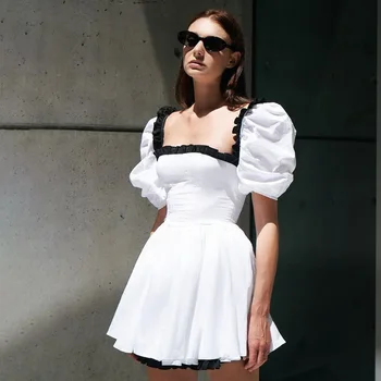 Летнее новое контрастное платье черного и белого цветов Jastie, французские платья с квадратным вырезом и пышными рукавами, платье с открытой спиной и талией, женское платье 2023 г.