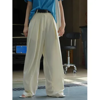 Летние женские плиссированные широкие брюки из 100% лиоцелла с высокой талией, свободные однотонные костюмные брюки