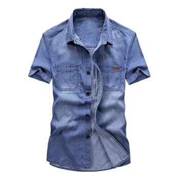 Летняя джинсовая рубашка мужская Nice Pop 100% Хлопок Выстиранная синяя ковбойская рубашка с коротким рукавом Мужская брендовая одежда рубашки для мужчин