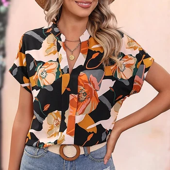 Летняя элегантная блузка с V-образным вырезом и цветочным принтом, пуловер, рубашка с коротким рукавом, облегающий топ, Повседневная женская футболка 2023 года.