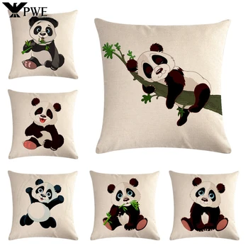Льняная наволочка с принтом панды из мультфильма, Квадратная наволочка, украшение домашнего дивана, чехол для подушки 45 * 45 см