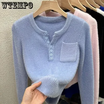 Норковый плюшевый свитер с вязаным низом для женщин, короткий топ-пуловер с V-образным вырезом, свитера, прямая поставка