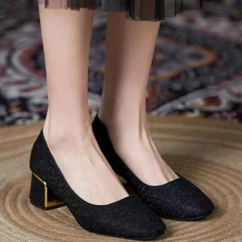 Обувь для женщин; Лидер продаж 2024 года; Женские туфли-лодочки без застежки; Осенние туфли с квадратным носком; Однотонные туфли с блестками на платформе и массивном каблуке; Элегантные туфли на высоком каблуке;