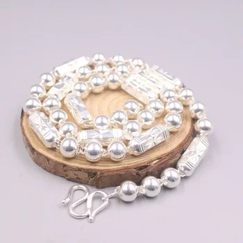 Ожерелье из настоящего серебра 999 пробы Для женщин, Цепочка для свитера, Ювелирная цепочка из чистого серебра, ожерелье из серебряных резных длинных бусин 55 см